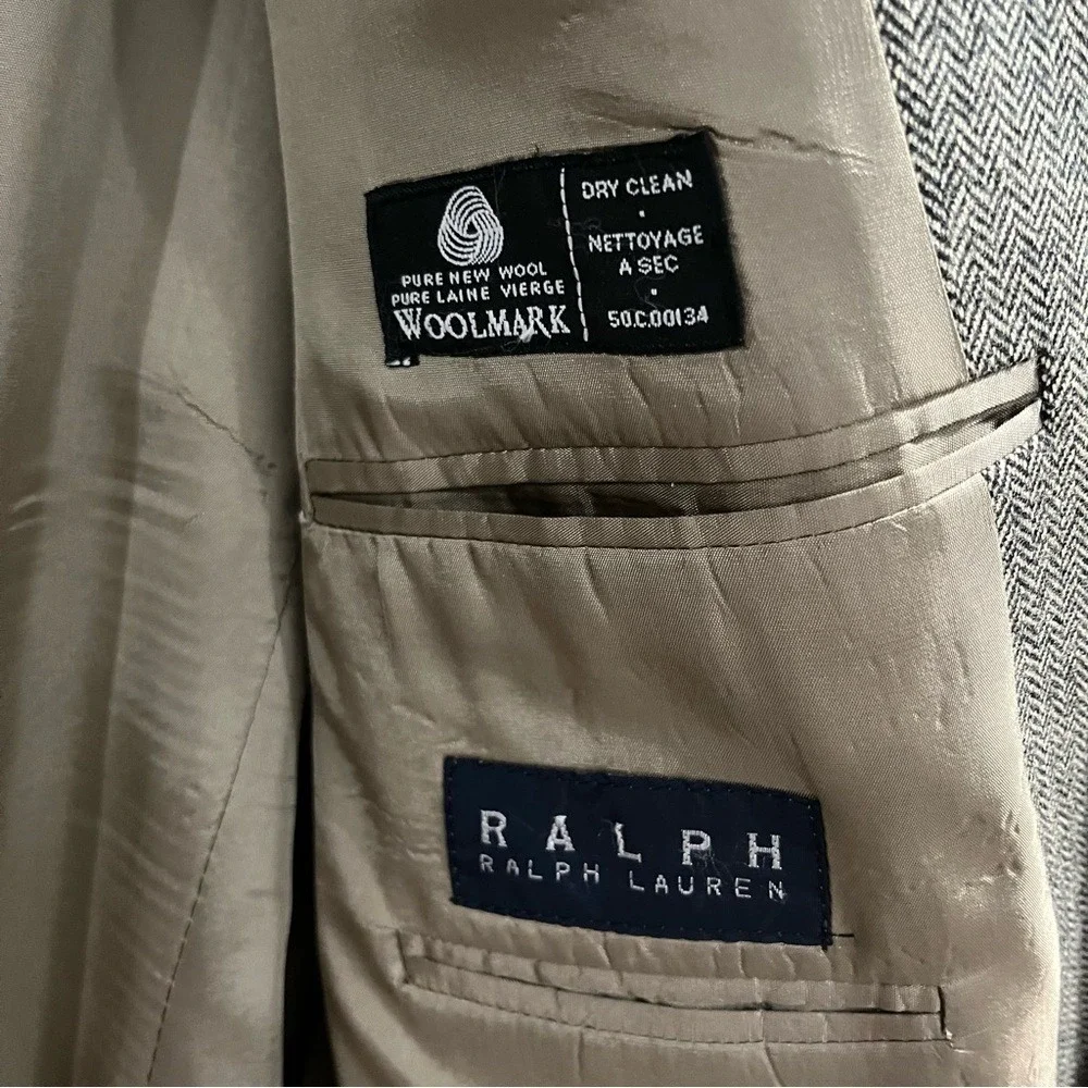 Ralph Lauren Lambs Wool Sport Coat 46R Brown Herringbone 2- Button Elbow Patches